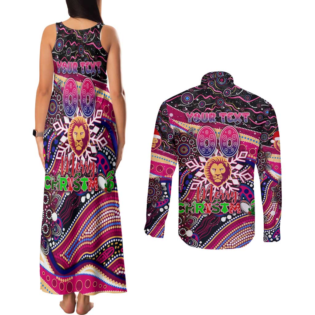 Merry Christmas AFL Brisbane Lions Couples Matching Tank Maxi Dress and Long Sleeve Button Shirt Aboriginal Santa Football Mascot