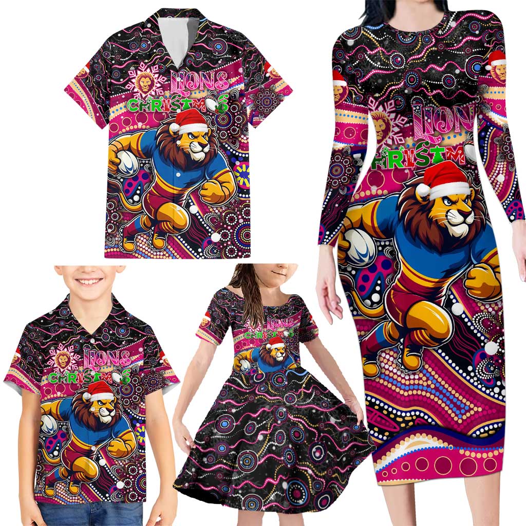 Merry Christmas AFL Brisbane Lions Family Matching Long Sleeve Bodycon Dress and Hawaiian Shirt Aboriginal Santa Football Mascot