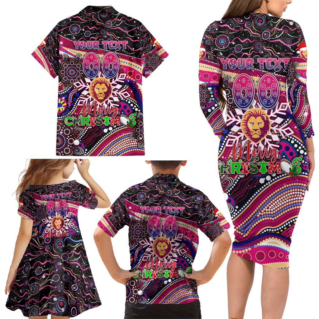 Merry Christmas AFL Brisbane Lions Family Matching Long Sleeve Bodycon Dress and Hawaiian Shirt Aboriginal Santa Football Mascot