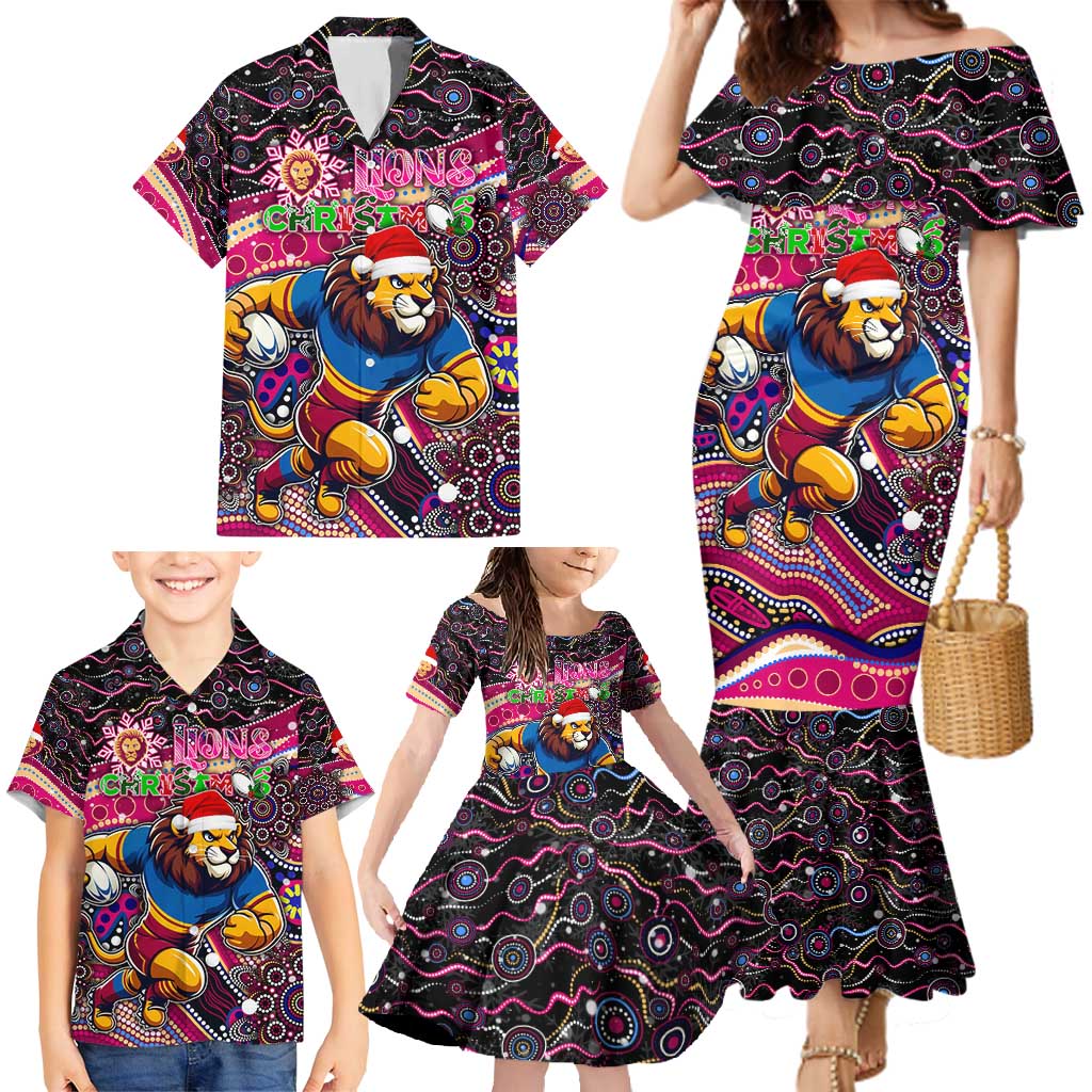 Merry Christmas AFL Brisbane Lions Family Matching Mermaid Dress and Hawaiian Shirt Aboriginal Santa Football Mascot