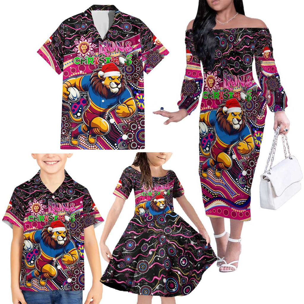 Merry Christmas AFL Brisbane Lions Family Matching Off The Shoulder Long Sleeve Dress and Hawaiian Shirt Aboriginal Santa Football Mascot
