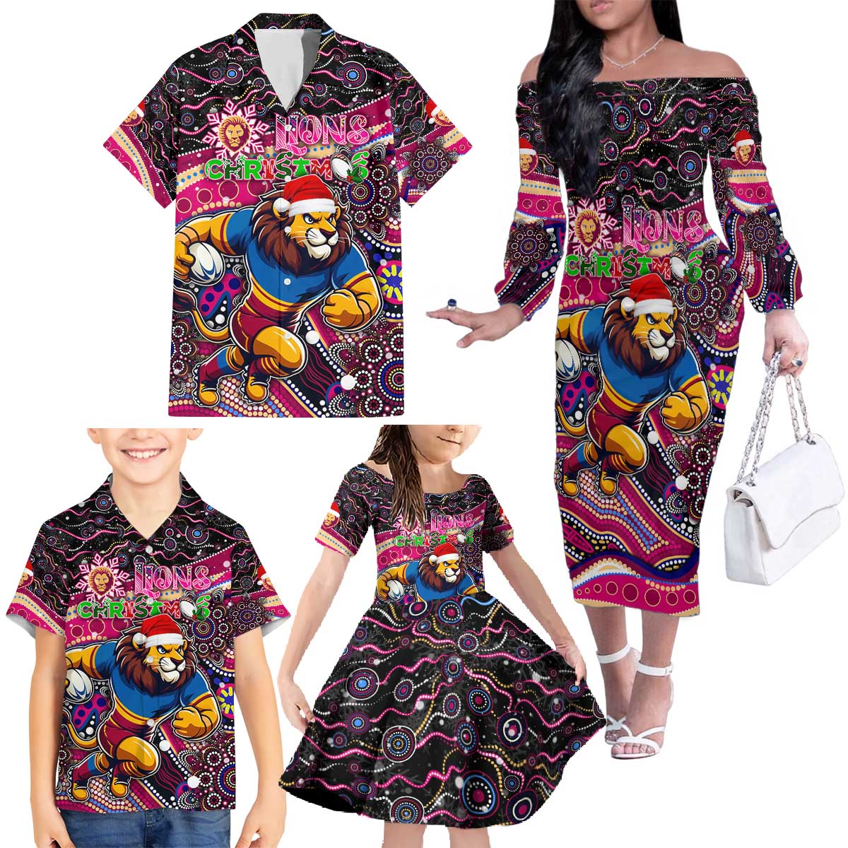 Merry Christmas AFL Brisbane Lions Family Matching Off The Shoulder Long Sleeve Dress and Hawaiian Shirt Aboriginal Santa Football Mascot