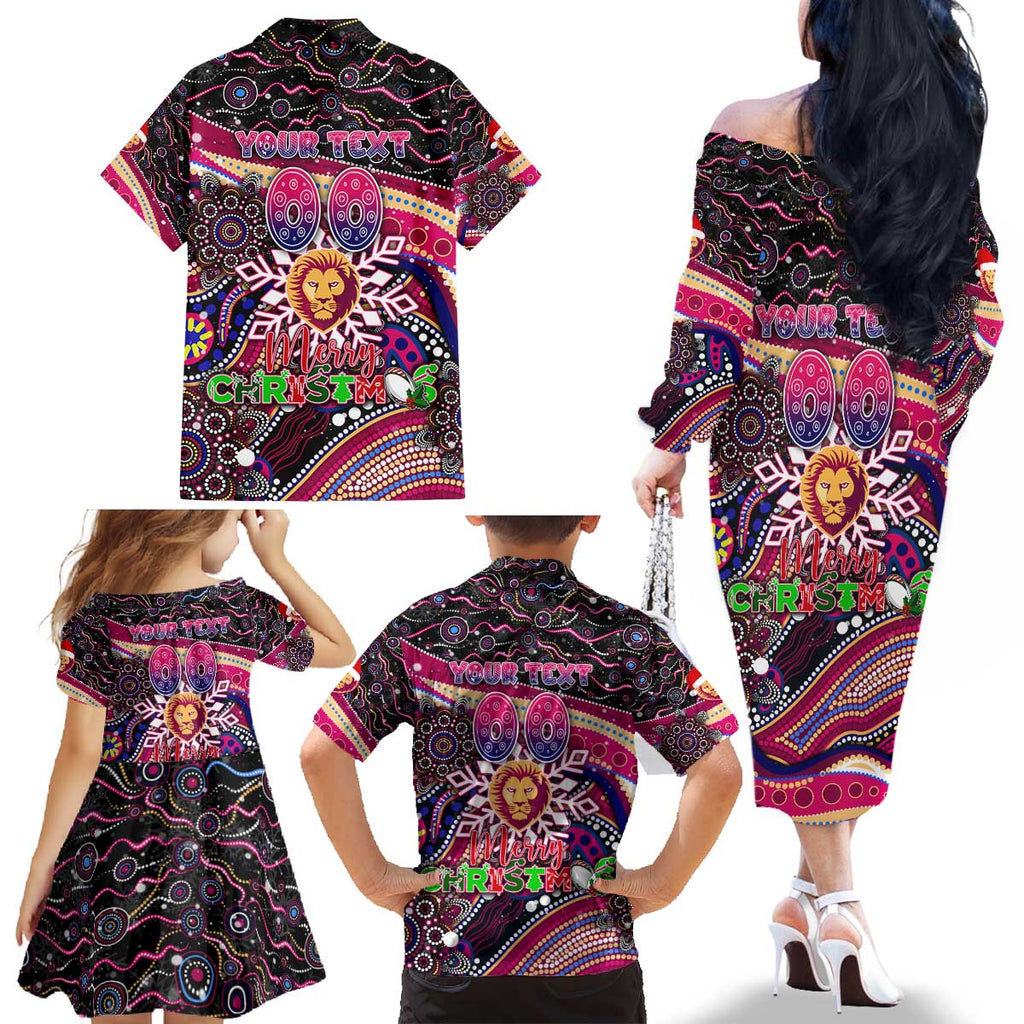 Merry Christmas AFL Brisbane Lions Family Matching Off The Shoulder Long Sleeve Dress and Hawaiian Shirt Aboriginal Santa Football Mascot