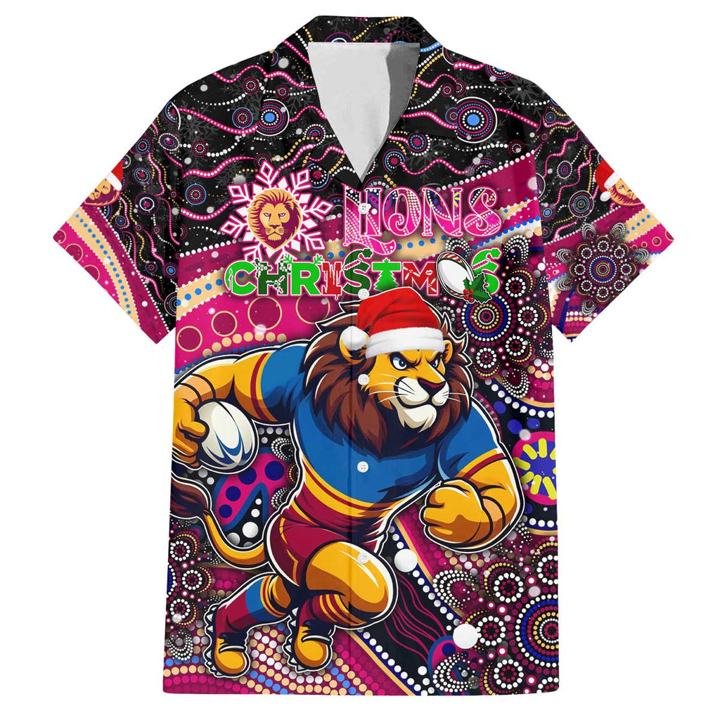 Merry Christmas AFL Brisbane Lions Family Matching Off The Shoulder Long Sleeve Dress and Hawaiian Shirt Aboriginal Santa Football Mascot
