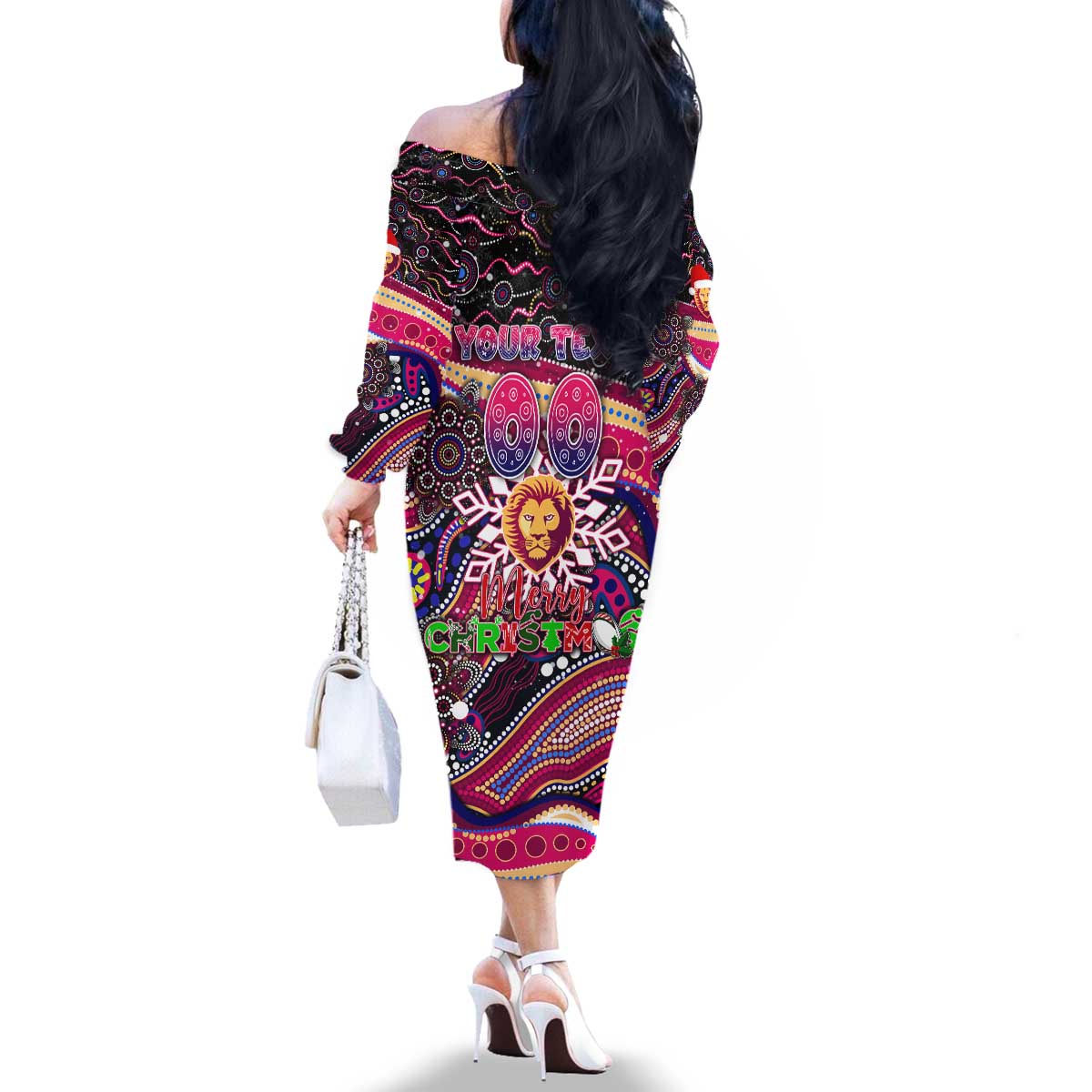 Merry Christmas AFL Brisbane Lions Family Matching Off The Shoulder Long Sleeve Dress and Hawaiian Shirt Aboriginal Santa Football Mascot