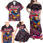 Merry Christmas AFL Brisbane Lions Family Matching Off Shoulder Maxi Dress and Hawaiian Shirt Aboriginal Santa Football Mascot