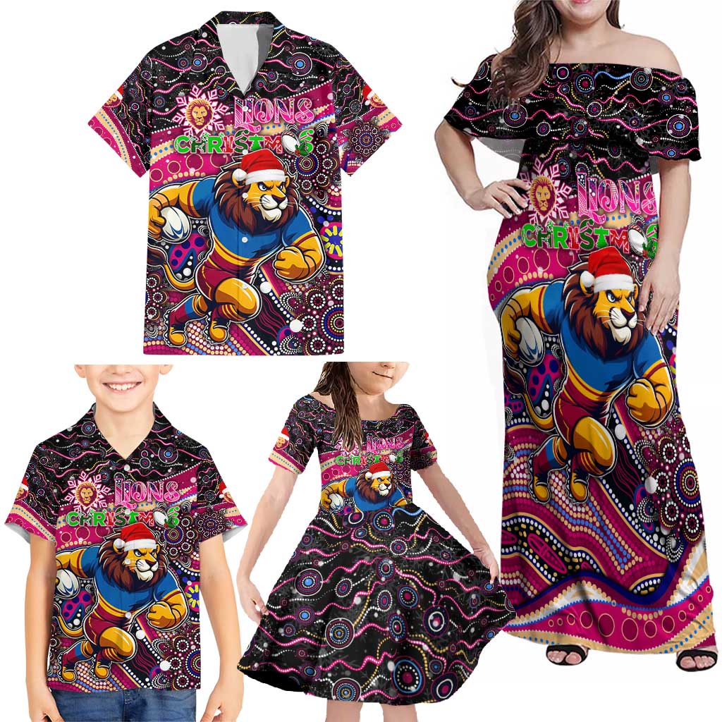 Merry Christmas AFL Brisbane Lions Family Matching Off Shoulder Maxi Dress and Hawaiian Shirt Aboriginal Santa Football Mascot