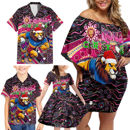 Merry Christmas AFL Brisbane Lions Family Matching Off Shoulder Short Dress and Hawaiian Shirt Aboriginal Santa Football Mascot
