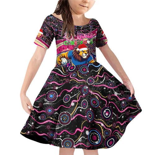 Merry Christmas AFL Brisbane Lions Family Matching Off Shoulder Short Dress and Hawaiian Shirt Aboriginal Santa Football Mascot