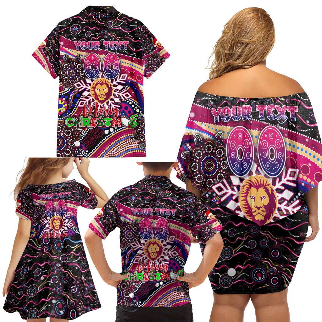 Merry Christmas AFL Brisbane Lions Family Matching Off Shoulder Short Dress and Hawaiian Shirt Aboriginal Santa Football Mascot