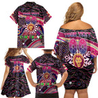 Merry Christmas AFL Brisbane Lions Family Matching Off Shoulder Short Dress and Hawaiian Shirt Aboriginal Santa Football Mascot