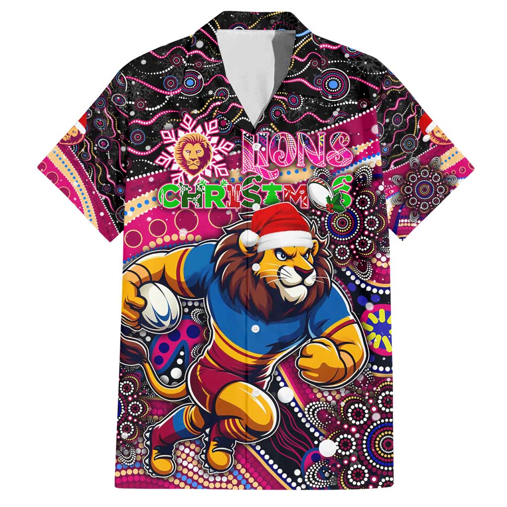 Merry Christmas AFL Brisbane Lions Family Matching Off Shoulder Short Dress and Hawaiian Shirt Aboriginal Santa Football Mascot