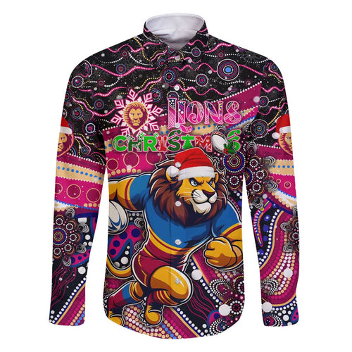 Merry Christmas AFL Brisbane Lions Family Matching Off Shoulder Short Dress and Hawaiian Shirt Aboriginal Santa Football Mascot
