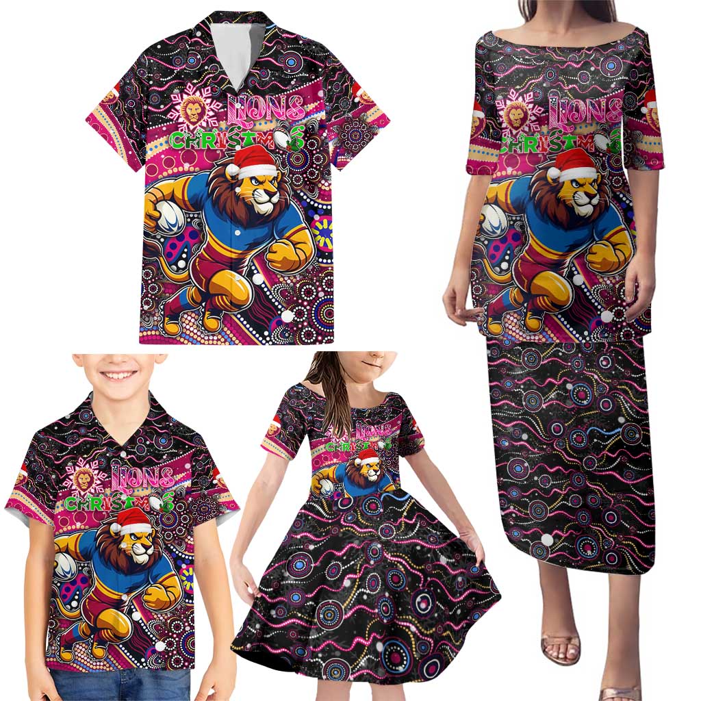 Merry Christmas AFL Brisbane Lions Family Matching Puletasi and Hawaiian Shirt Aboriginal Santa Football Mascot