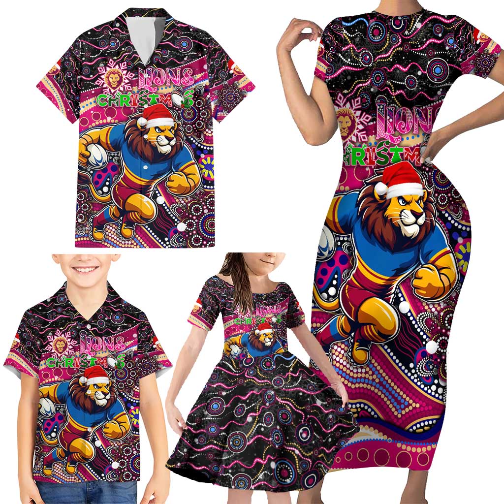 Merry Christmas AFL Brisbane Lions Family Matching Short Sleeve Bodycon Dress and Hawaiian Shirt Aboriginal Santa Football Mascot