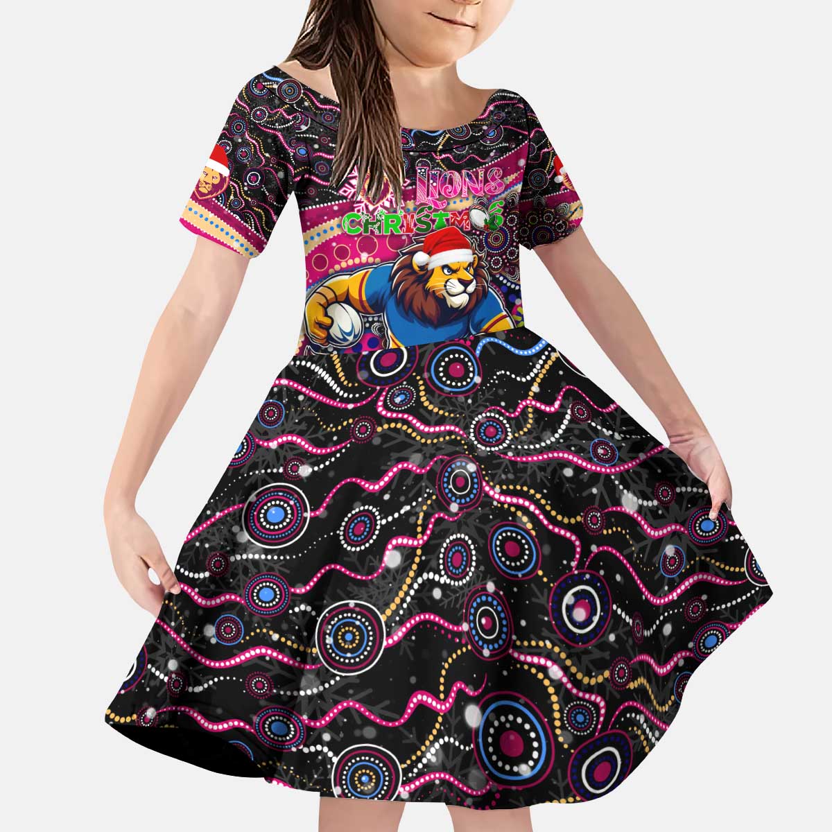Merry Christmas AFL Brisbane Lions Kid Short Sleeve Dress Aboriginal Santa Football Mascot