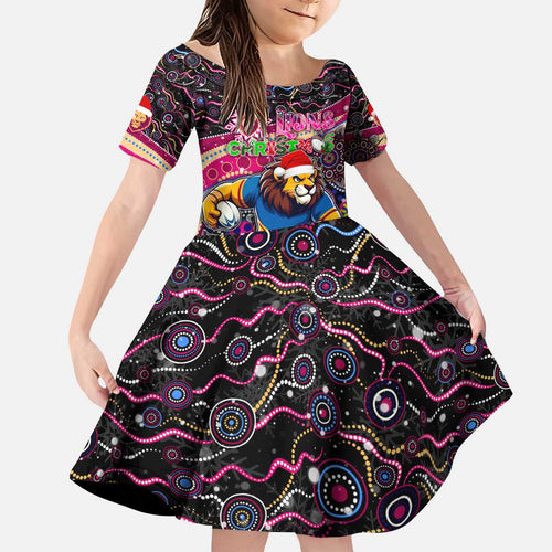 Merry Christmas AFL Brisbane Lions Kid Short Sleeve Dress Aboriginal Santa Football Mascot