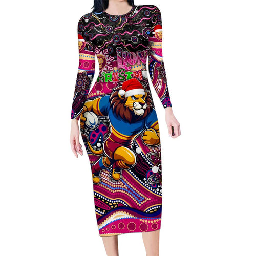 Merry Christmas AFL Brisbane Lions Long Sleeve Bodycon Dress Aboriginal Santa Football Mascot