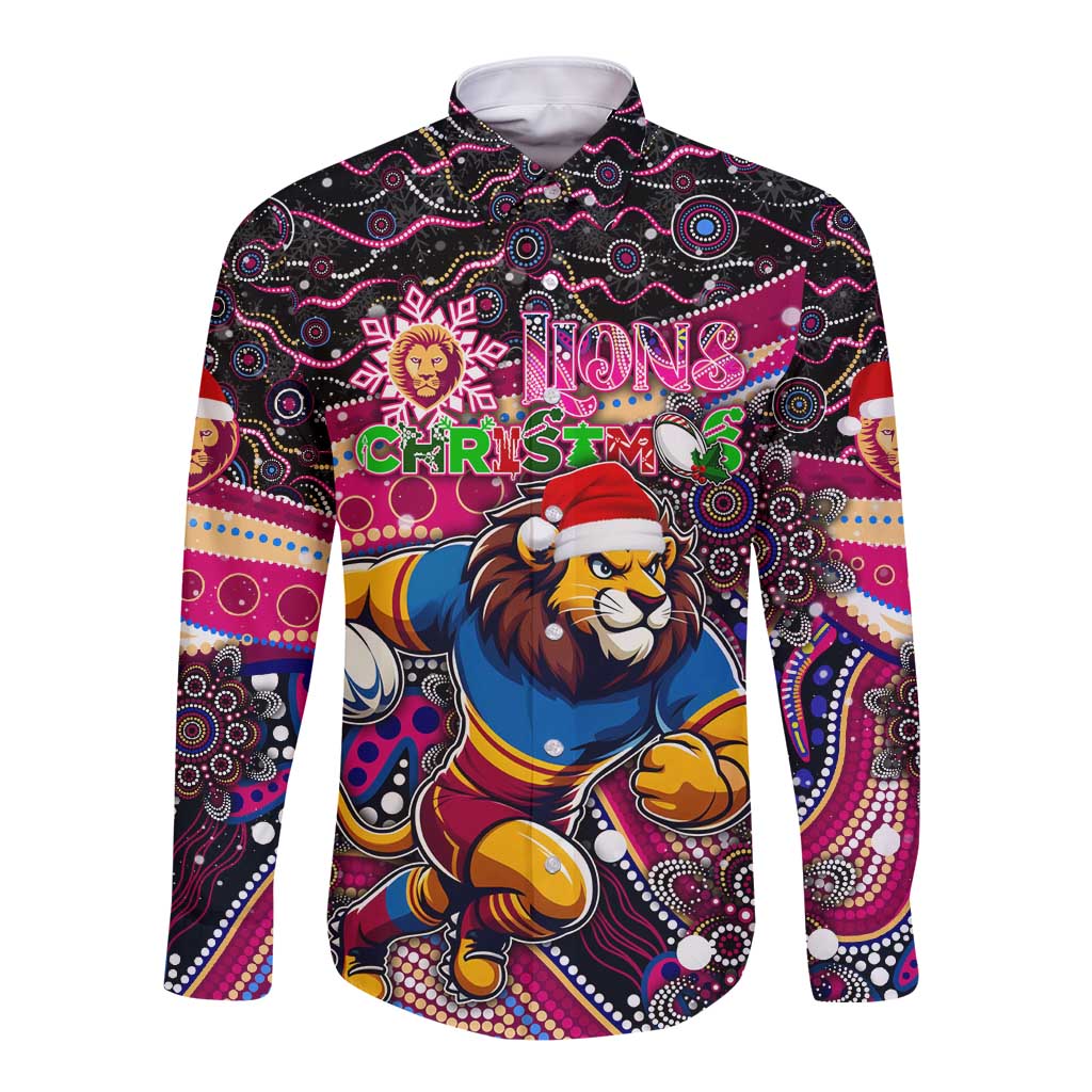 Merry Christmas AFL Brisbane Lions Long Sleeve Button Shirt Aboriginal Santa Football Mascot