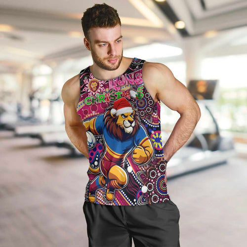 Merry Christmas AFL Brisbane Lions Men Tank Top Aboriginal Santa Football Mascot