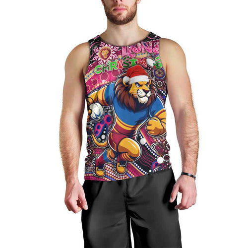Merry Christmas AFL Brisbane Lions Men Tank Top Aboriginal Santa Football Mascot