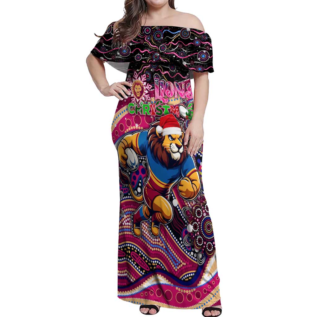Merry Christmas AFL Brisbane Lions Off Shoulder Maxi Dress Aboriginal Santa Football Mascot
