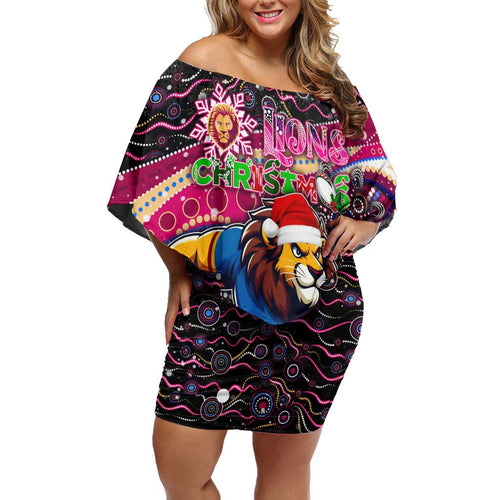 Merry Christmas AFL Brisbane Lions Off Shoulder Short Dress Aboriginal Santa Football Mascot