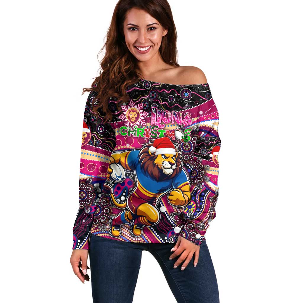 Merry Christmas AFL Brisbane Lions Off Shoulder Sweater Aboriginal Santa Football Mascot