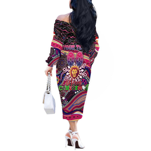 Merry Christmas AFL Brisbane Lions Off The Shoulder Long Sleeve Dress Aboriginal Santa Football Mascot