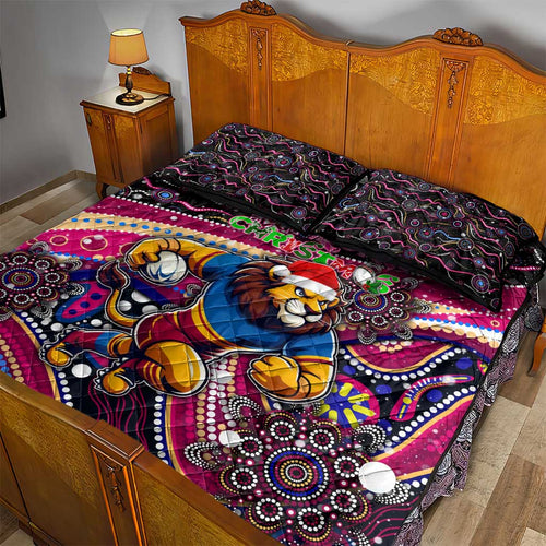 Merry Christmas AFL Brisbane Lions Quilt Bed Set Aboriginal Santa Football Mascot