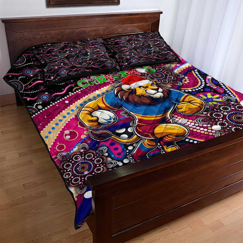 Merry Christmas AFL Brisbane Lions Quilt Bed Set Aboriginal Santa Football Mascot