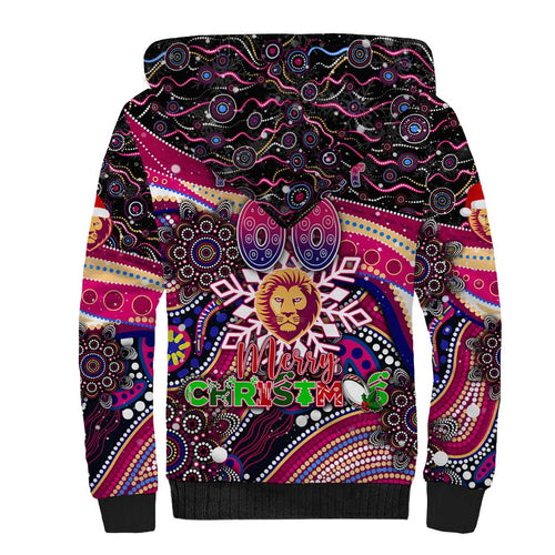 Merry Christmas AFL Brisbane Lions Sherpa Hoodie Aboriginal Santa Football Mascot