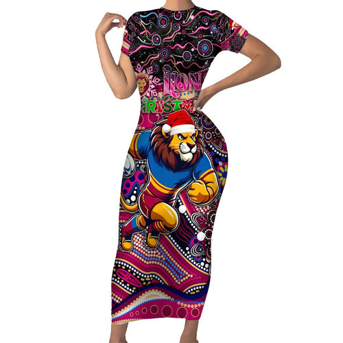 Merry Christmas AFL Brisbane Lions Short Sleeve Bodycon Dress Aboriginal Santa Football Mascot