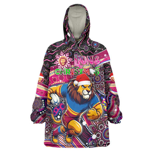Merry Christmas AFL Brisbane Lions Wearable Blanket Hoodie Aboriginal Santa Football Mascot