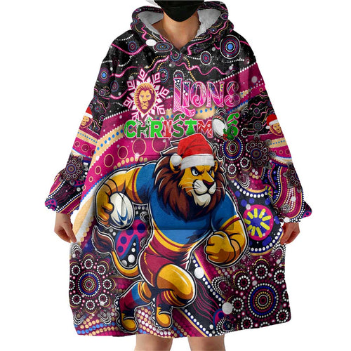 Merry Christmas AFL Brisbane Lions Wearable Blanket Hoodie Aboriginal Santa Football Mascot