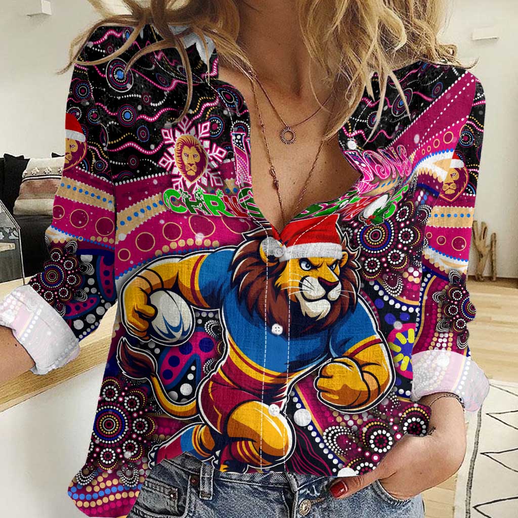 Merry Christmas AFL Brisbane Lions Women Casual Shirt Aboriginal Santa Football Mascot