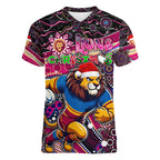 Merry Christmas AFL Brisbane Lions Women V-Neck T-Shirt Aboriginal Santa Football Mascot