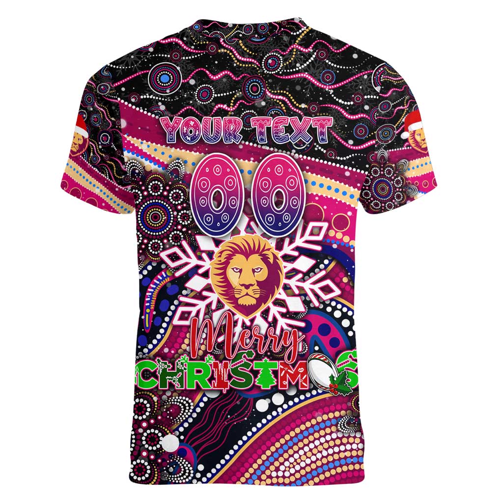 Merry Christmas AFL Brisbane Lions Women V-Neck T-Shirt Aboriginal Santa Football Mascot