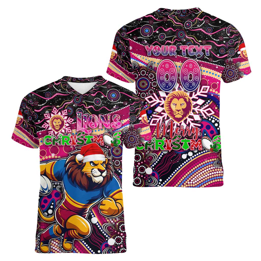 Merry Christmas AFL Brisbane Lions Women V-Neck T-Shirt Aboriginal Santa Football Mascot