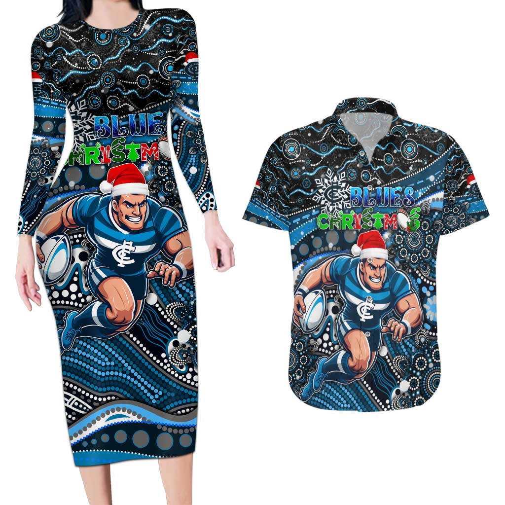 Merry Christmas AFL Carlton Blues Couples Matching Long Sleeve Bodycon Dress and Hawaiian Shirt Aboriginal Santa Football Mascot