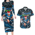 Merry Christmas AFL Carlton Blues Couples Matching Long Sleeve Bodycon Dress and Hawaiian Shirt Aboriginal Santa Football Mascot