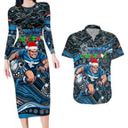 Merry Christmas AFL Carlton Blues Couples Matching Long Sleeve Bodycon Dress and Hawaiian Shirt Aboriginal Santa Football Mascot