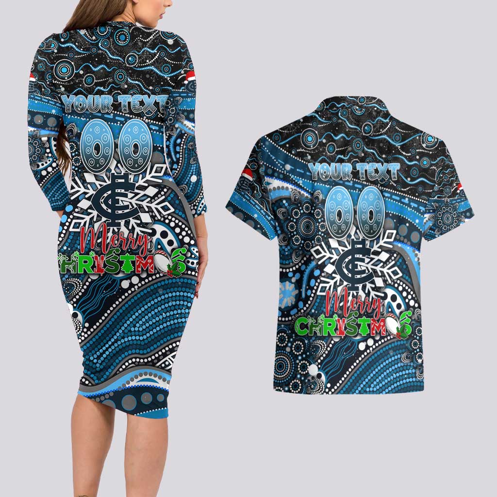 Merry Christmas AFL Carlton Blues Couples Matching Long Sleeve Bodycon Dress and Hawaiian Shirt Aboriginal Santa Football Mascot