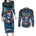 Merry Christmas AFL Carlton Blues Couples Matching Long Sleeve Bodycon Dress and Long Sleeve Button Shirt Aboriginal Santa Football Mascot