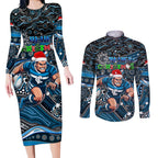 Merry Christmas AFL Carlton Blues Couples Matching Long Sleeve Bodycon Dress and Long Sleeve Button Shirt Aboriginal Santa Football Mascot