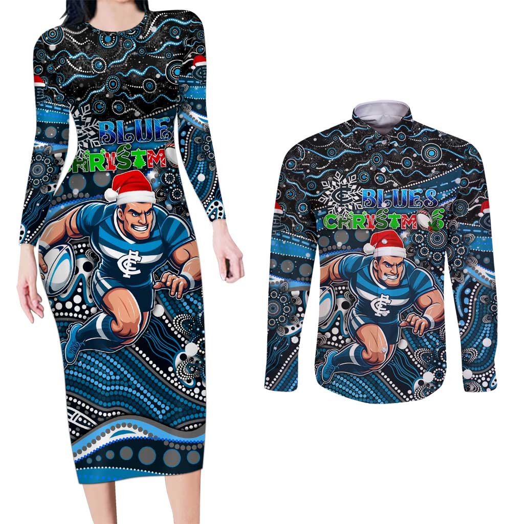 Merry Christmas AFL Carlton Blues Couples Matching Long Sleeve Bodycon Dress and Long Sleeve Button Shirt Aboriginal Santa Football Mascot