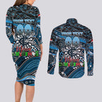 Merry Christmas AFL Carlton Blues Couples Matching Long Sleeve Bodycon Dress and Long Sleeve Button Shirt Aboriginal Santa Football Mascot