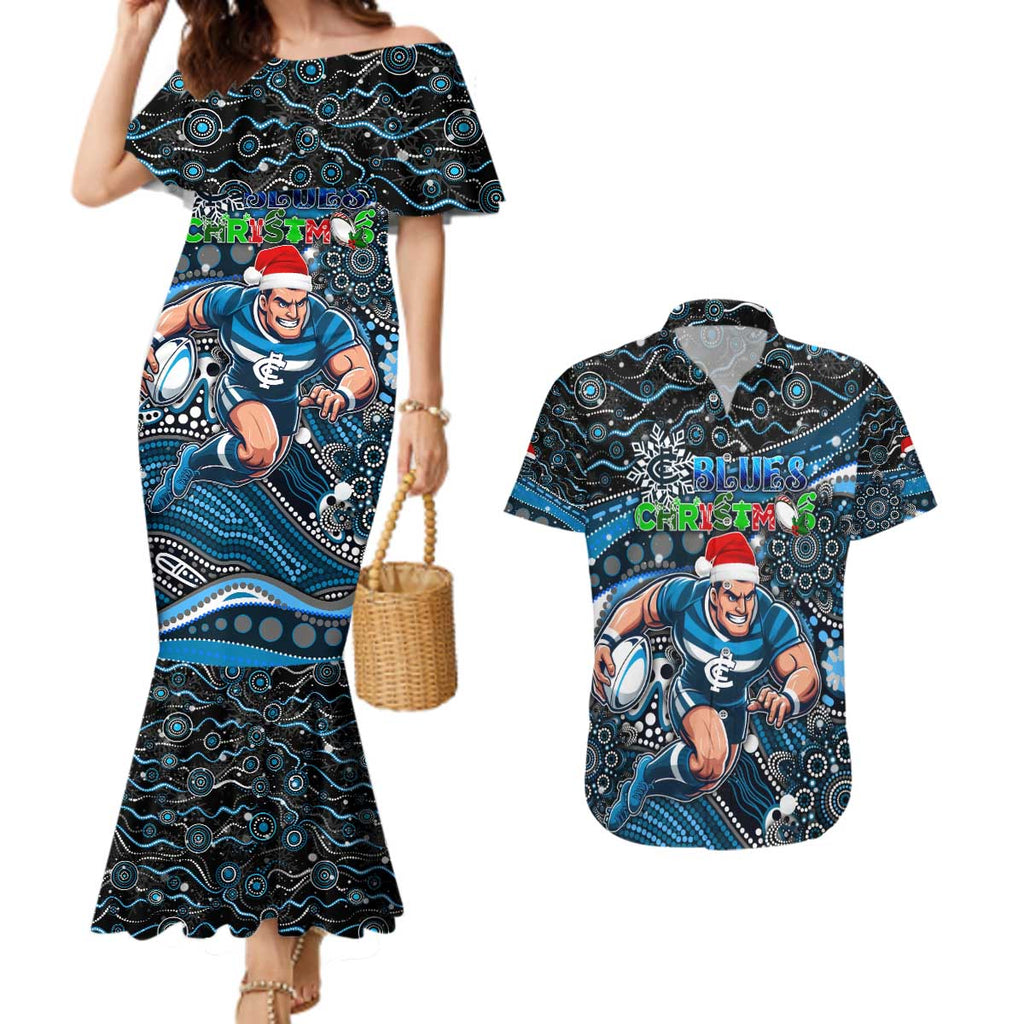 Merry Christmas AFL Carlton Blues Couples Matching Mermaid Dress and Hawaiian Shirt Aboriginal Santa Football Mascot