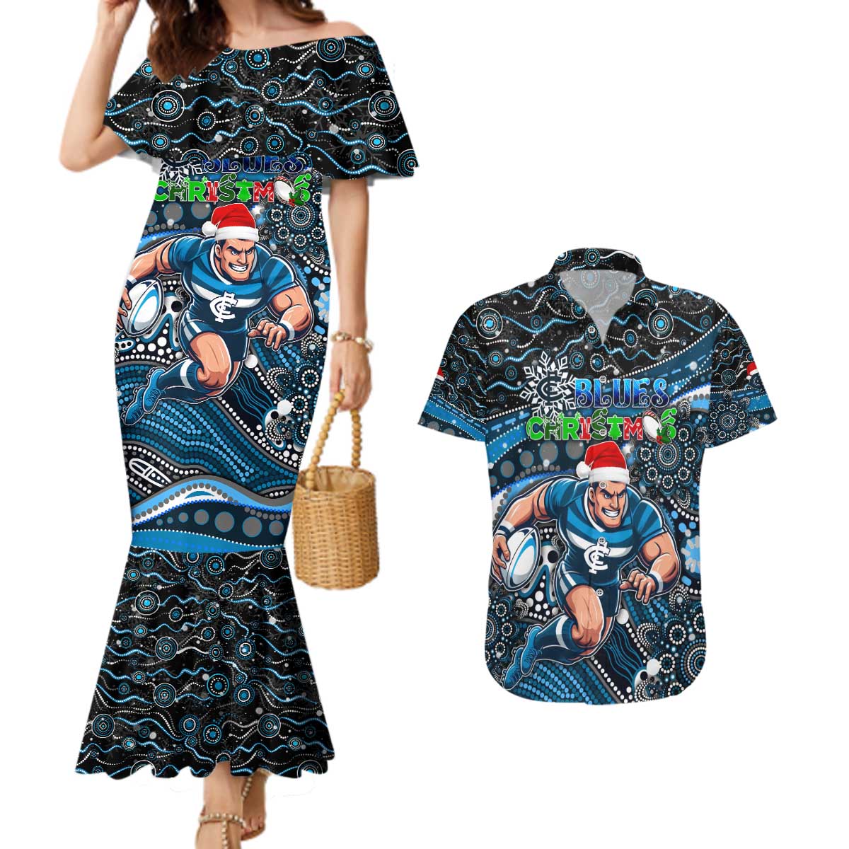 Merry Christmas AFL Carlton Blues Couples Matching Mermaid Dress and Hawaiian Shirt Aboriginal Santa Football Mascot