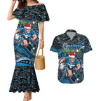 Merry Christmas AFL Carlton Blues Couples Matching Mermaid Dress and Hawaiian Shirt Aboriginal Santa Football Mascot